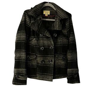 Maralyn & Me Gray Lined Hooded Plaid Jacket Pea Coat Hood Size Small